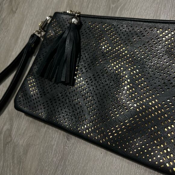MMS Black and Gold Laser Cut Zip Close Wristlet Clutch Bag - Picture 1 of 14